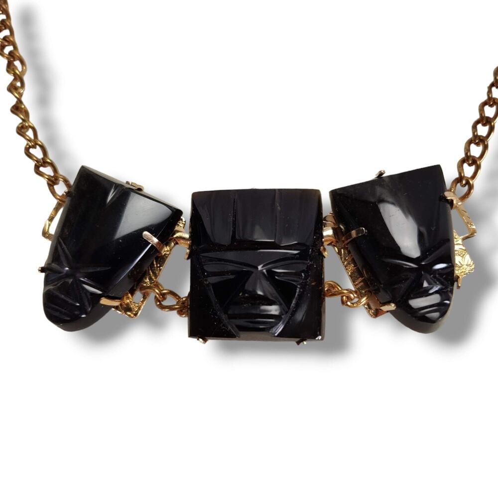 Vintage 80s Brutalist Aztec Mask Statement Necklace 16in Choker Black Gold Tone